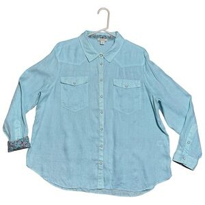 Sundance Willow 100% Linen Floral Flip Cuff Western Pearl Snap Shirt Pastel Blue